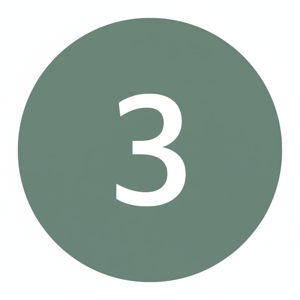 Single circular number icon.
A solid circle filled with hex color #5F7D6E.
Number 3 centered inside the circle in white.
Clean modern sans-serif number.
Flat minimal UI design.
No shadow, no gradient, no outline.
Transparent background.
High resolution, vector-style, website UI ready.
