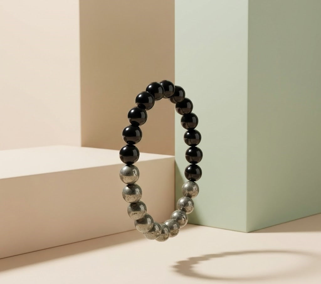 Black Charcoal Pyrite Tourmaline Bracelet For Men &  Women